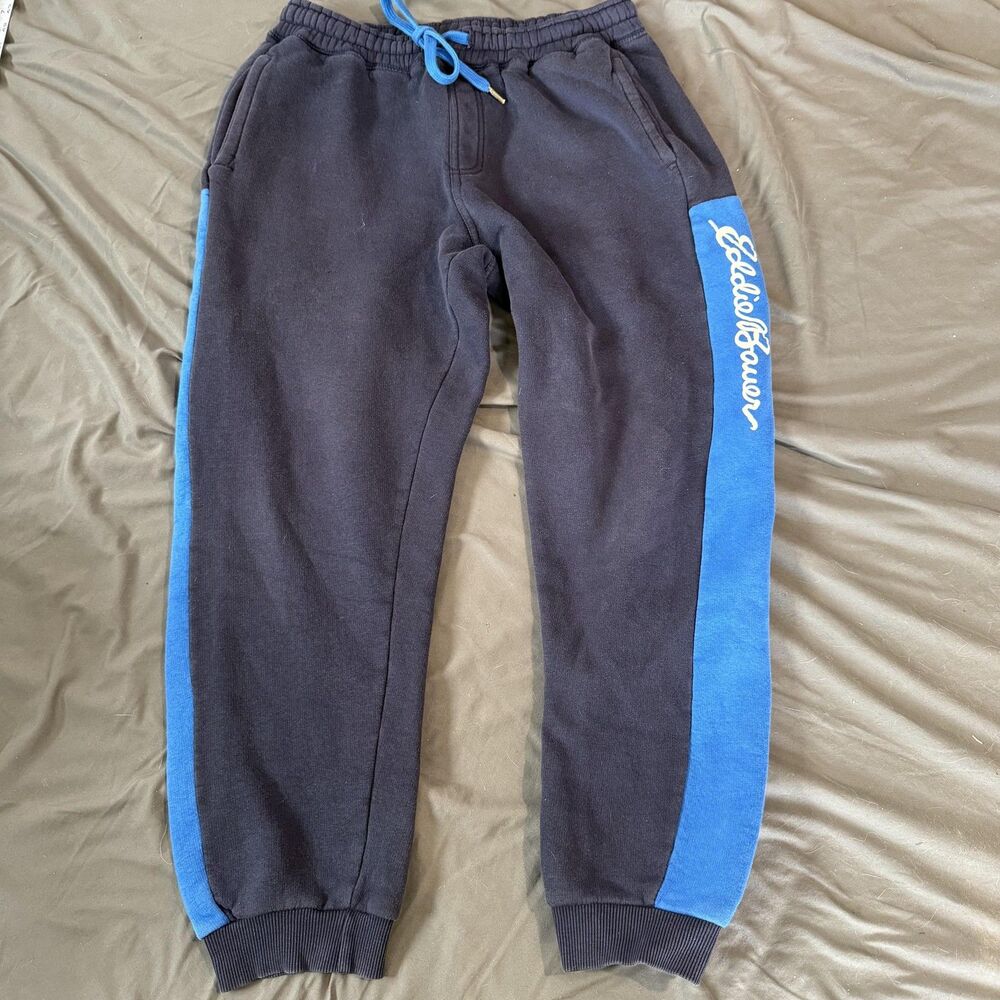 Eddie Bauer Mens Jogger Pants M Black Blue Fleece Drawstring Logo Elastic Waist
